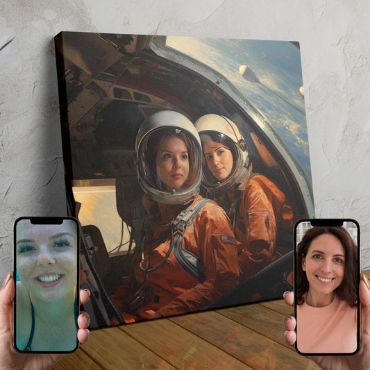 Two astronauts, a man and a woman, float in space against a backdrop of stars and planets in a custom AI-generated portrait.