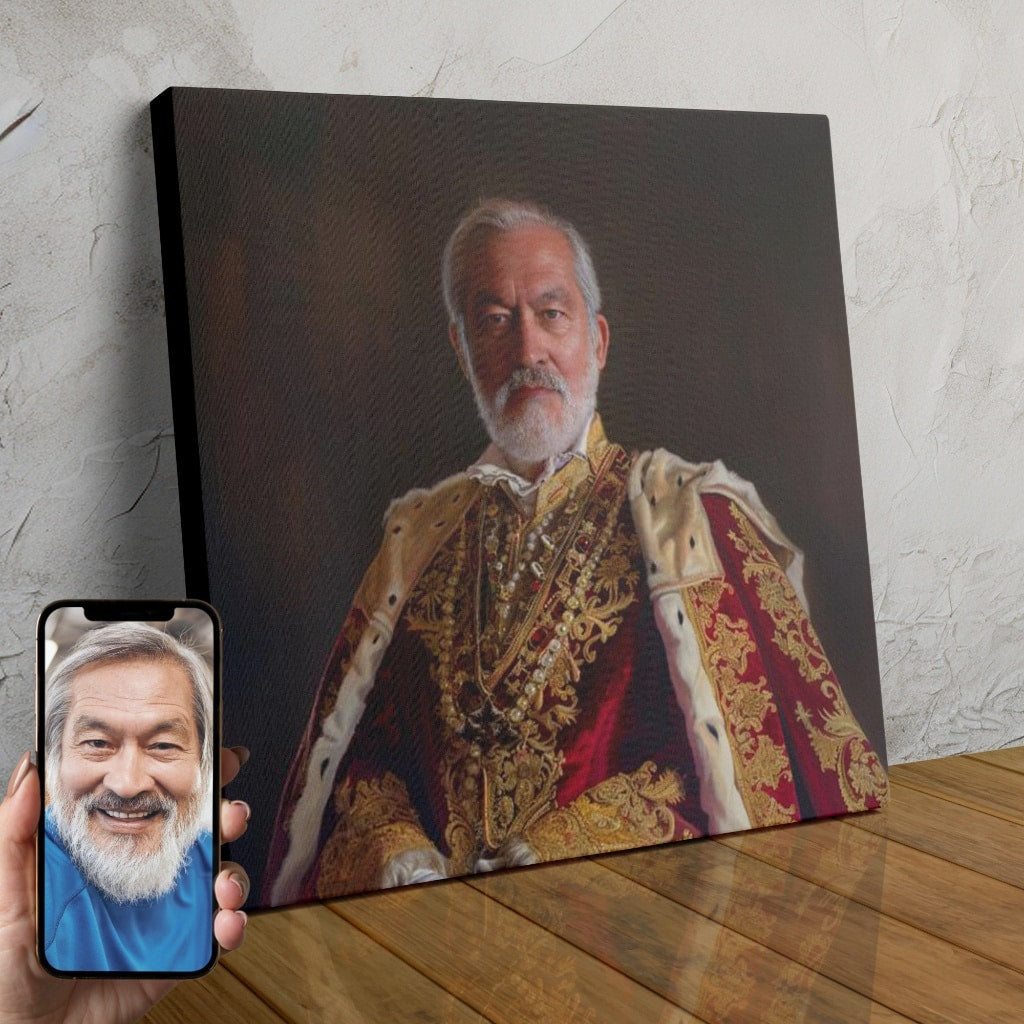 A custom portrait of a man dressed in royal attire, including a crown, cape, and scepter, against a regal background.