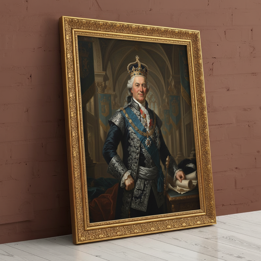 A custom portrait of a man in a gold-embroidered royal uniform, depicting him as Magnificent Captain of royal heritage.