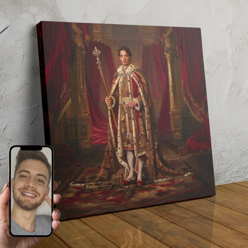 A custom portrait of a man in regal attire, standing in an opulent palace setting with ornate decor.