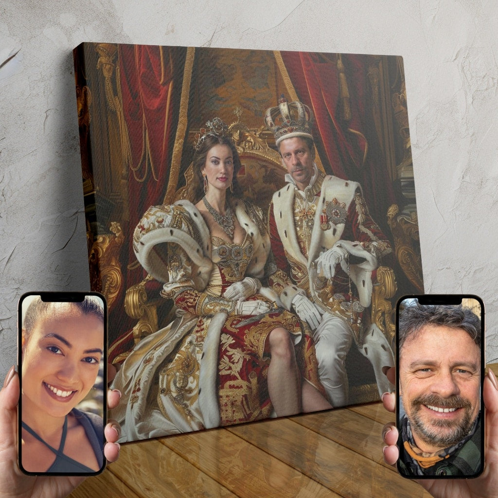 A digitally created portrait of a couple dressed in opulent, historical royal attire, seated on a grand throne in an ornate throne room.