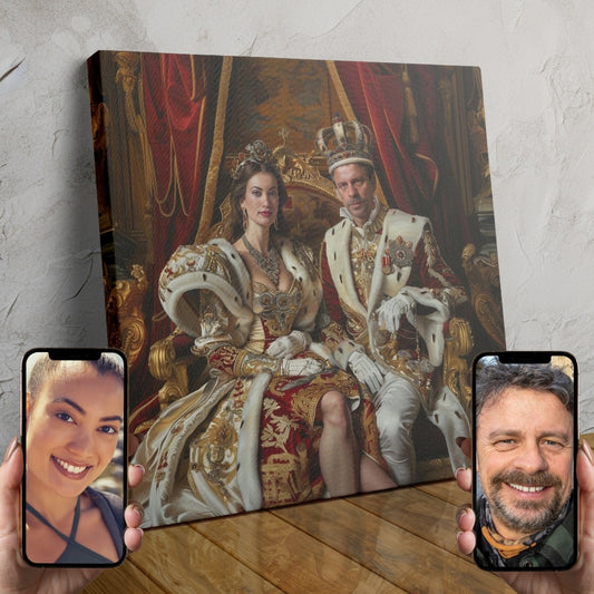 A digitally created portrait of a couple dressed in opulent, historical royal attire, seated on a grand throne in an ornate throne room.