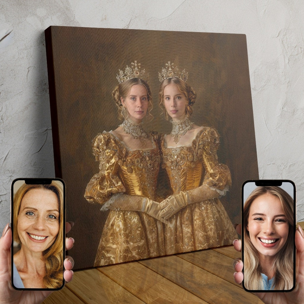 Two women in ornate golden gowns posing as a royal duo in a custom portrait.