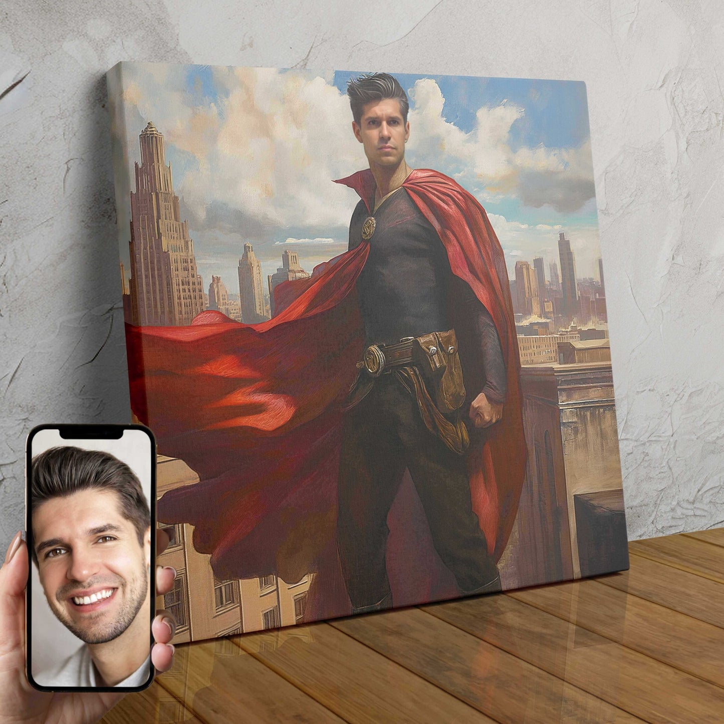 A custom superhero portrait of a person transformed into a powerful Metropolis Sentinel guardian, standing tall against a futuristic city backdrop.