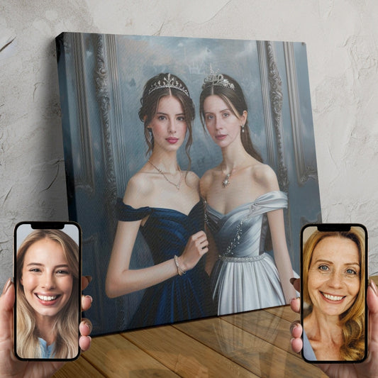 Two people depicted as noble monarchs in a custom royal portrait, featuring luxurious details and AI-powered artistry.