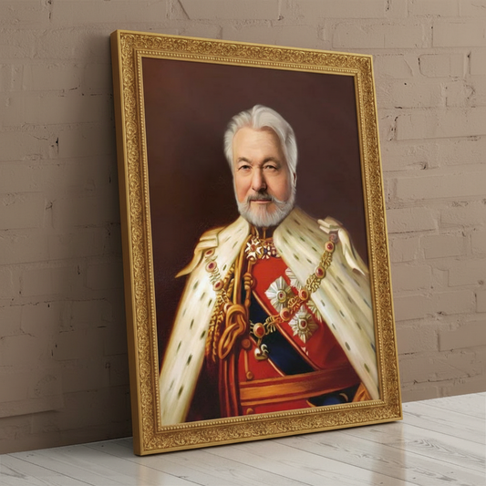 A custom portrait of a man in a gold-embroidered royal uniform, depicting him as Mystical Chief of royal heritage.