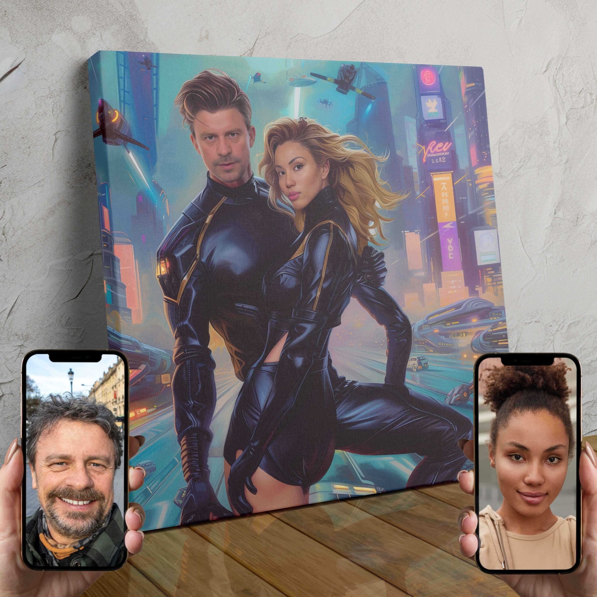 Two people transformed into a superhero duo in a custom neon-themed portrait.