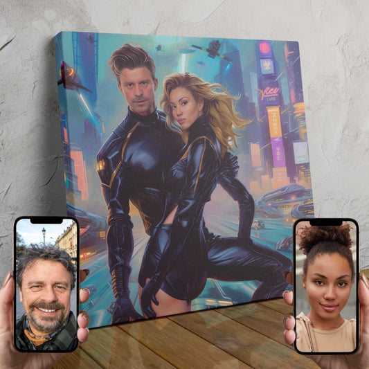 Two people transformed into a superhero duo in a custom neon-themed portrait.