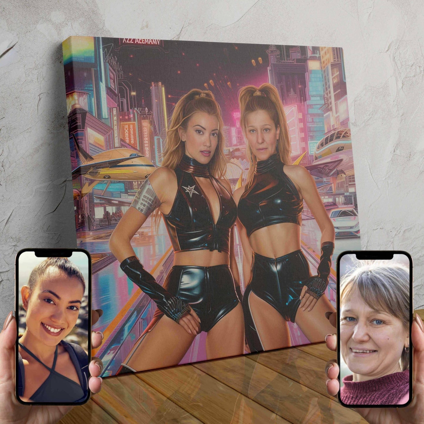 Two people in futuristic, neon-colored superhero costumes standing in a cyberpunk city backdrop with skyscrapers and glowing lights.