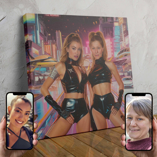 Two people in futuristic, neon-colored superhero costumes standing in a cyberpunk city backdrop with skyscrapers and glowing lights.