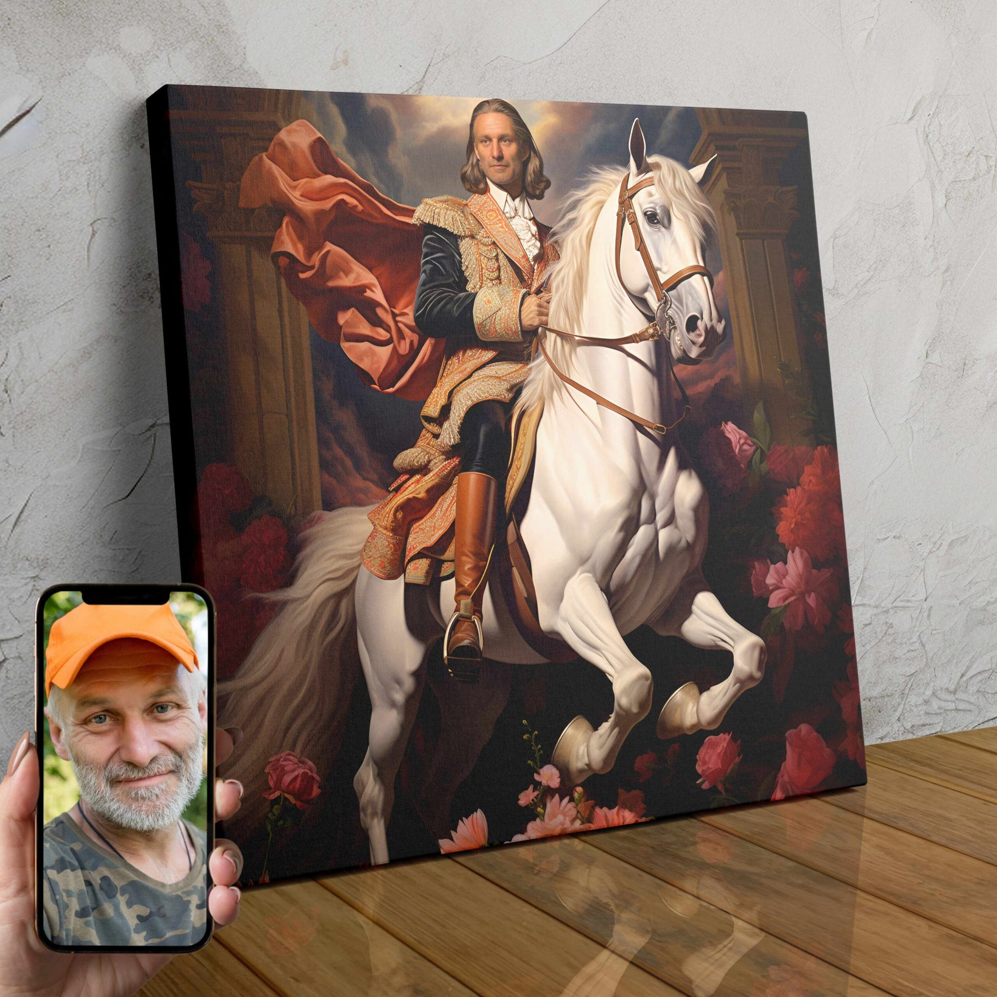 A custom digital portrait of a person dressed in royal attire, sitting atop a majestic horse against a regal backdrop.