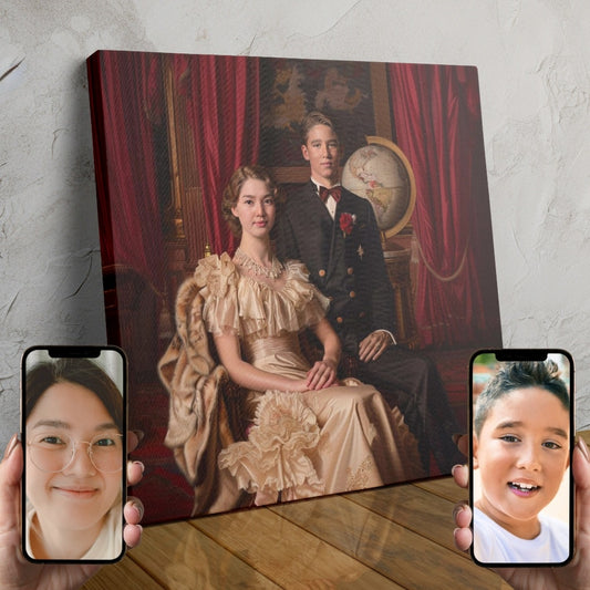 A luxurious custom portrait of a noble baron and baroness in Victorian-era attire, created using AI technology.