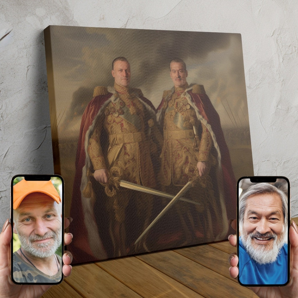 Two people transformed into imperial rulers, dressed in ornate military uniforms, standing against a regal background.