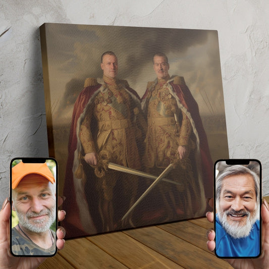 Two people transformed into imperial rulers, dressed in ornate military uniforms, standing against a regal background.