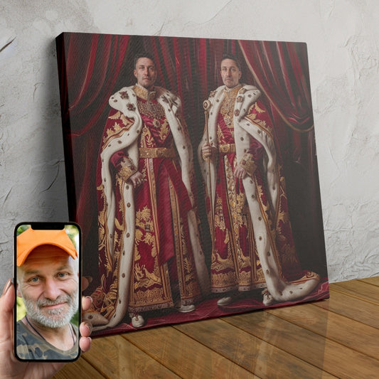 Two people depicted as regal monarchs in a custom royal portrait.