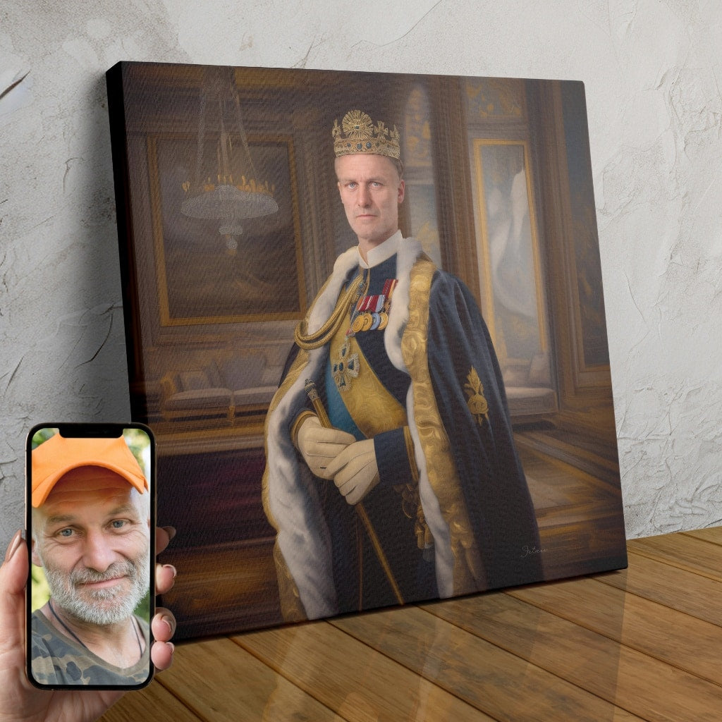 A detailed, regal-themed custom portrait of a man dressed in a royal outfit, created using AI technology.