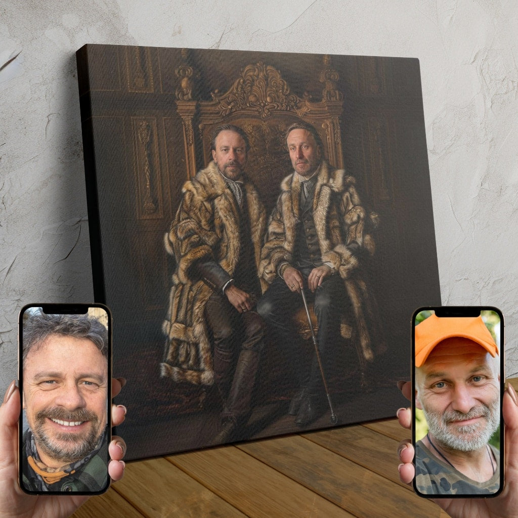 Two people transformed into regal monarchs in an opulent medieval-style portrait.