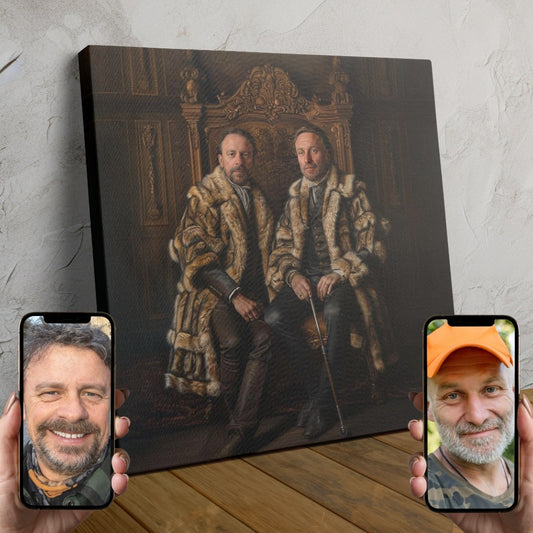 Two people transformed into regal monarchs in an opulent medieval-style portrait.