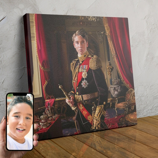 A custom digital portrait of a man dressed in royal attire, posing in an ornate palace setting.