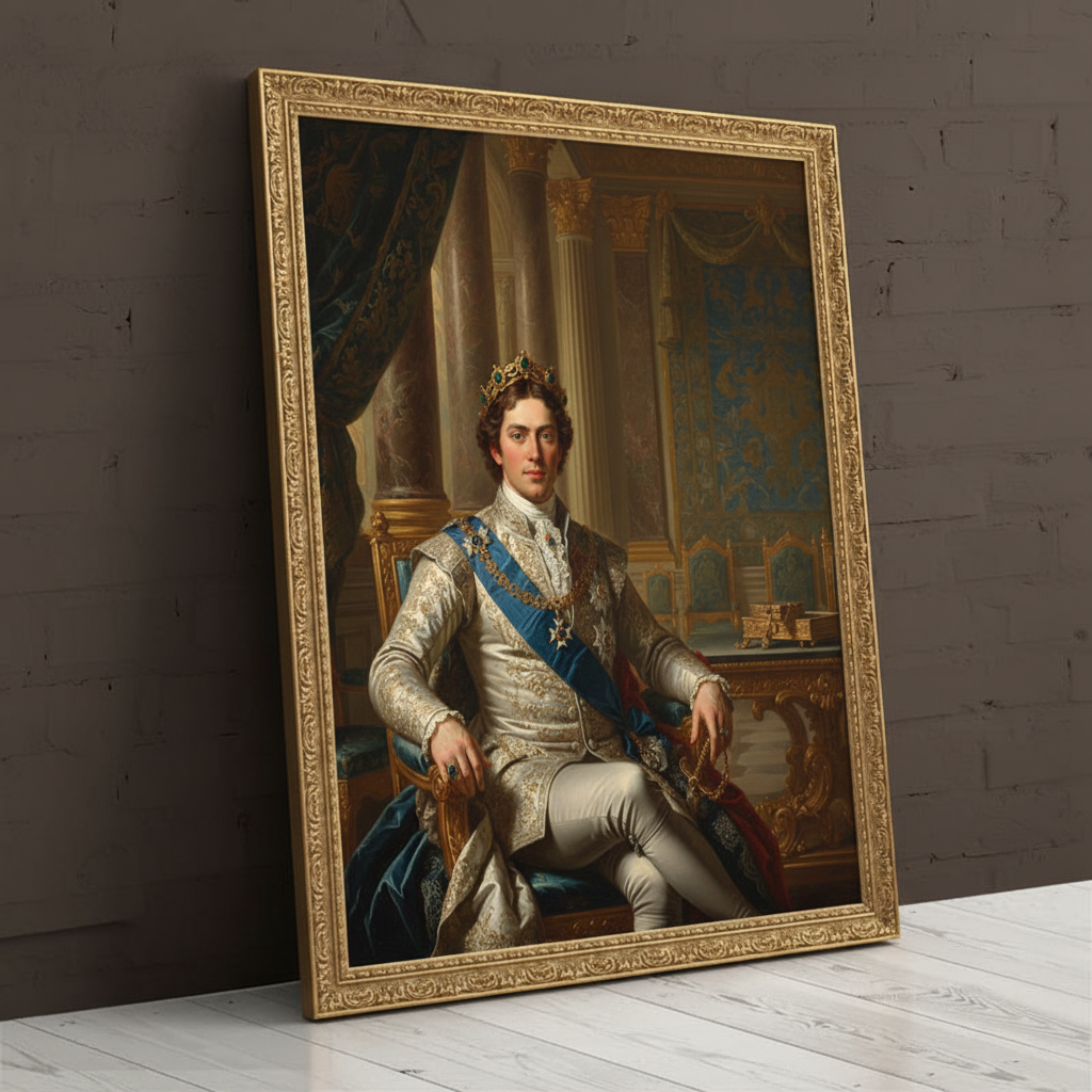 A custom portrait of a man in a gold-embroidered royal uniform, depicting him as Noble Defender of royal heritage.