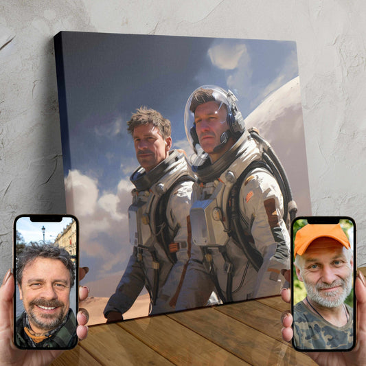 A custom AI-powered portrait of a couple dressed as astronauts, exploring the wonders of space.