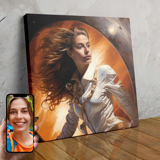 A personalized custom portrait of a woman dressed in an astronaut suit, floating in space against a backdrop of stars.