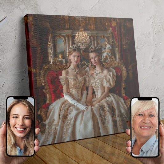A custom AI-generated portrait of a royal couple in opulent attire, with ornate details and a luxurious backdrop.