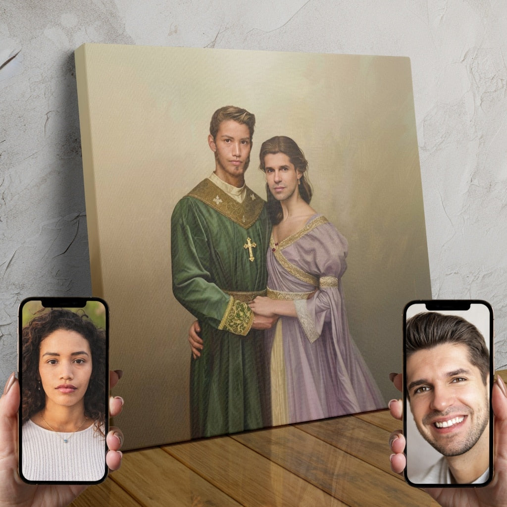 A custom portrait of a royal couple dressed in medieval-style clothing, created using AI technology by Magic Portraits.