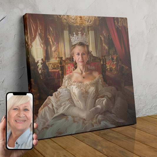 A custom portrait of a woman dressed in an ornate, pearl-embellished gown, posing as a regal queen.