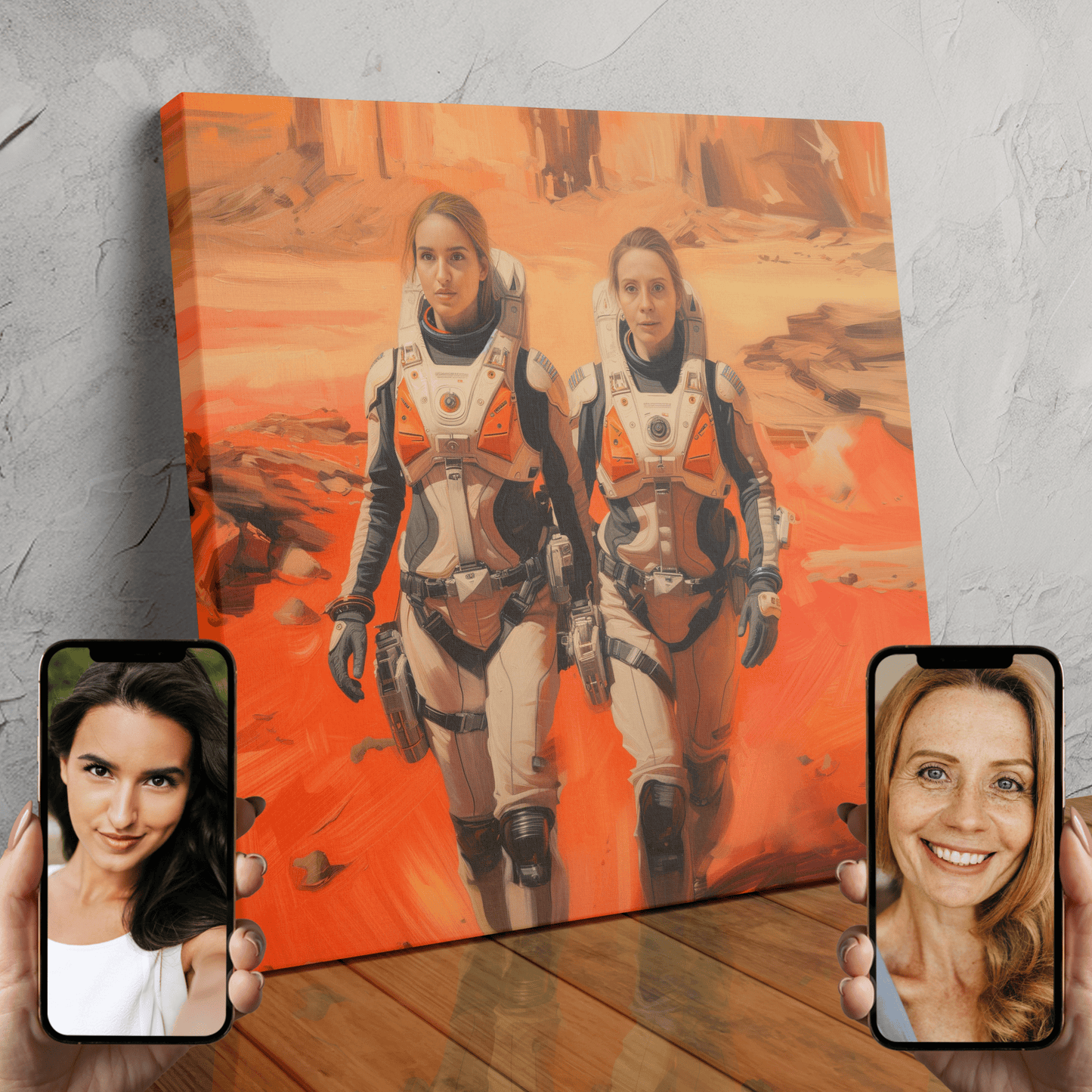 Two people in astronaut suits posing together against a backdrop of planets and stars, created using AI technology.