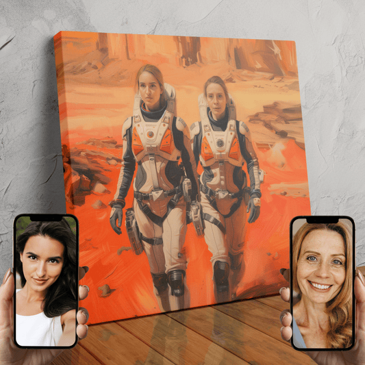 Two people in astronaut suits posing together against a backdrop of planets and stars, created using AI technology.