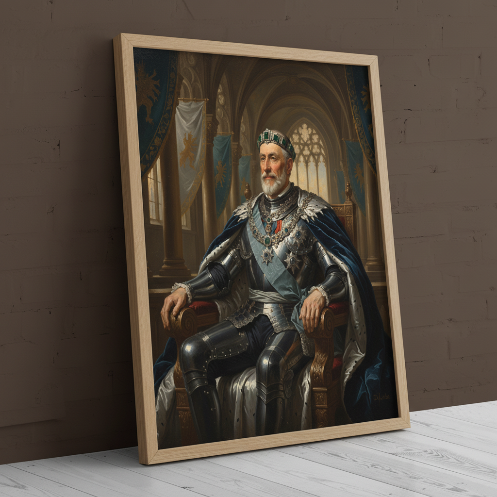 A custom portrait of a man in a gold-embroidered royal uniform, depicting him as Powerful Captain of royal heritage.