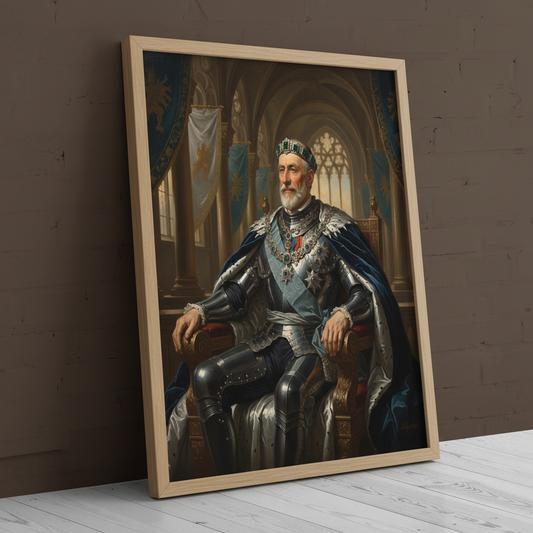 A custom portrait of a man in a gold-embroidered royal uniform, depicting him as Powerful Captain of royal heritage.