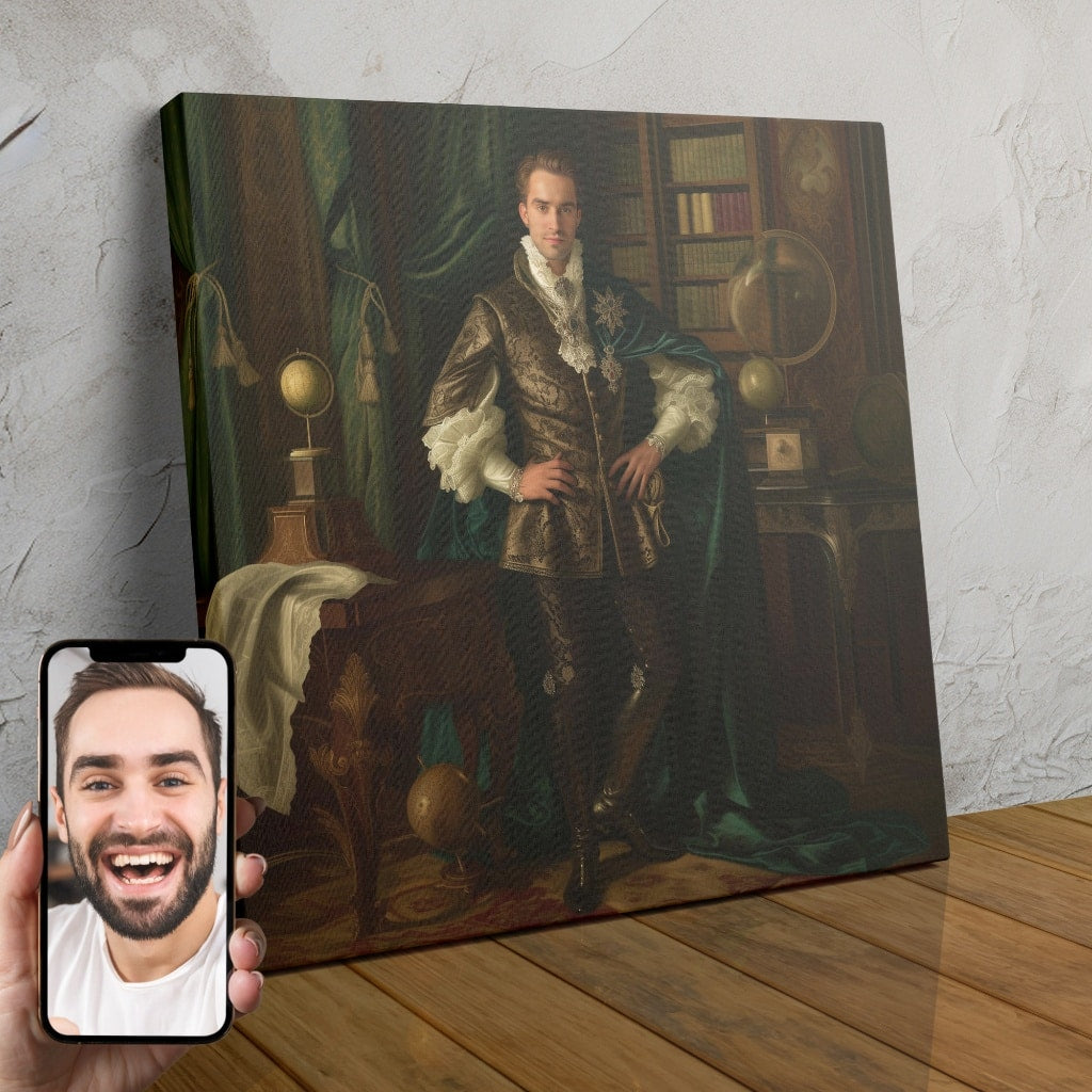 A custom portrait of a person dressed in regal attire, standing in an opulent study filled with antique globes and leather-bound books.