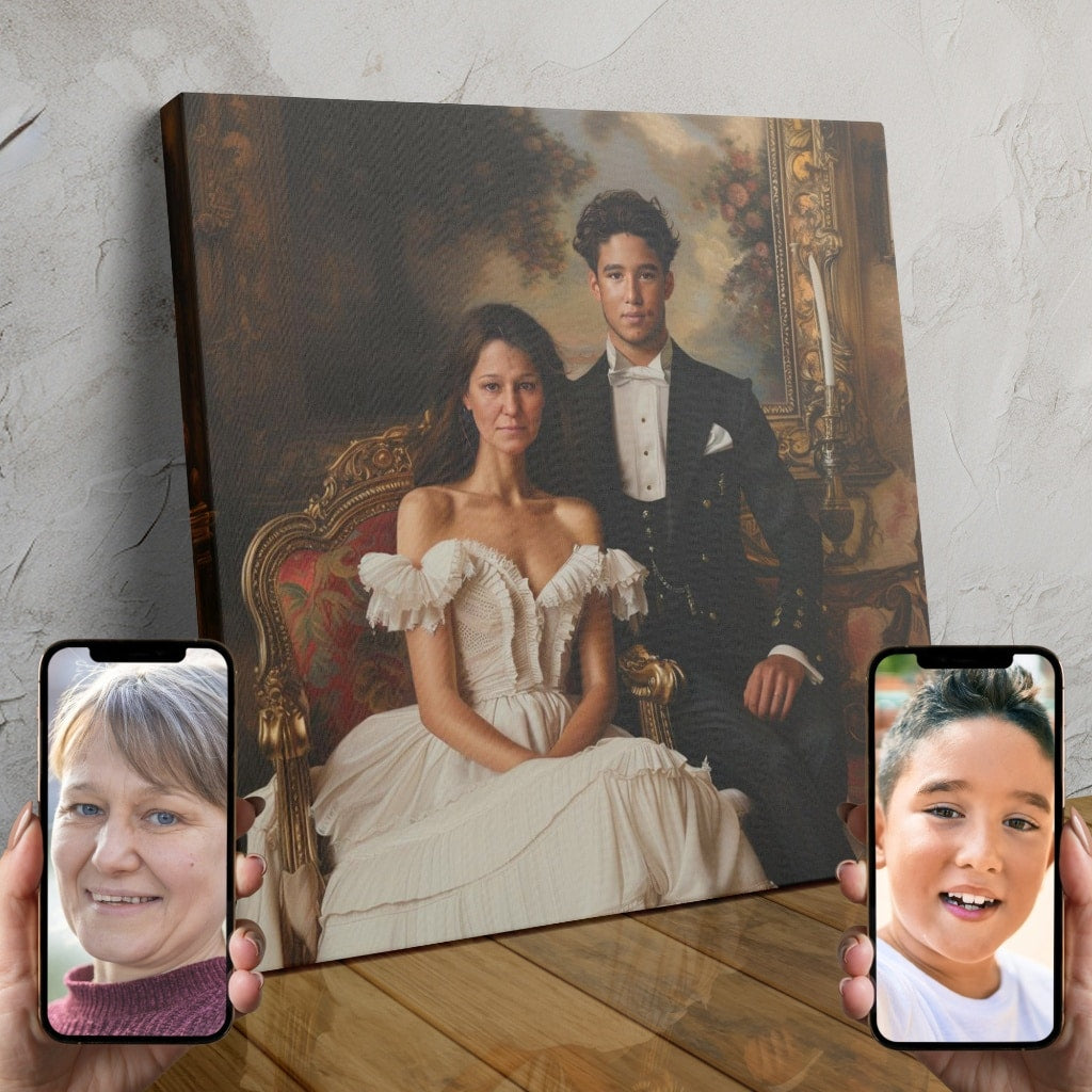 A stunning custom portrait of a couple dressed in luxurious royal attire, posing in an ornate, regal setting.