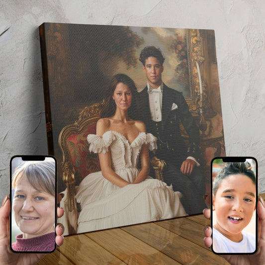 A stunning custom portrait of a couple dressed in luxurious royal attire, posing in an ornate, regal setting.