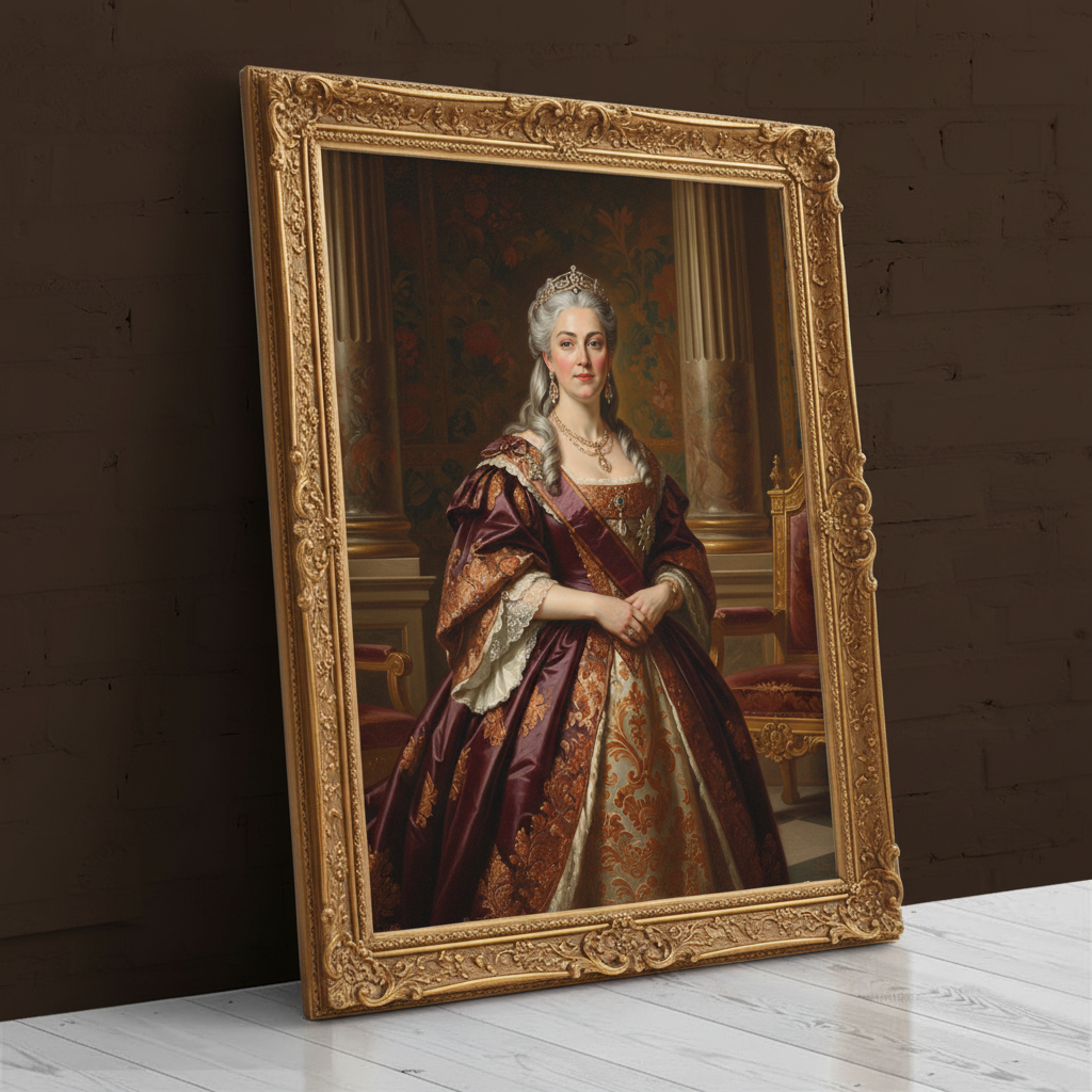 A digitally rendered portrait of a woman dressed in an elegant, regal gown and crown, created as Regal Duchess using AI technology.