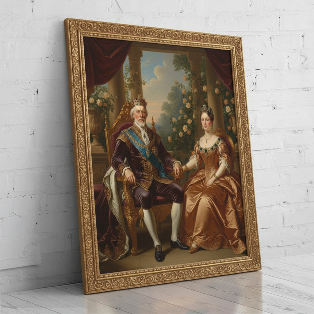 A digitally rendered portrait of a woman dressed in an elegant, regal gown and crown, created as Regal Noble Union using AI technology.