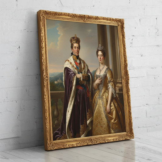 A custom digital portrait of a couple dressed in ornate royal attire, posing as Regal Sacred Sisterhood in a regal, majestic setting.