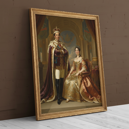 A custom digital portrait of a couple dressed in ornate royal attire, posing as Revered Divine Partnership in a regal, majestic setting.