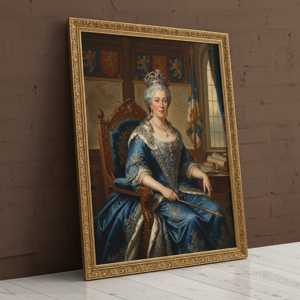 A digitally rendered portrait of a woman dressed in an elegant, regal gown and crown, created as Revered General using AI technology.