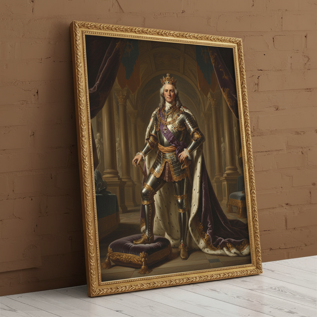 A custom portrait of a man in a gold-embroidered royal uniform, depicting him as Revered Prince of royal heritage.