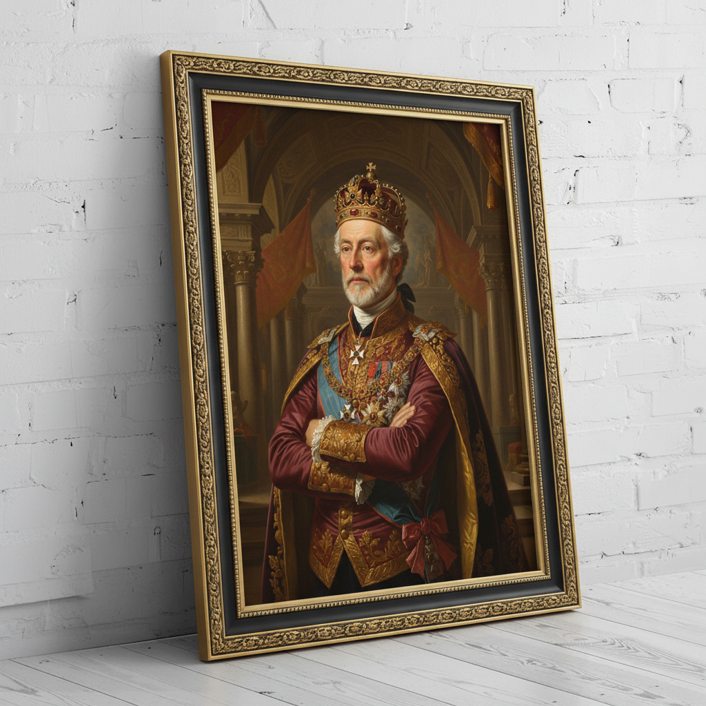 A custom portrait of a man in a gold-embroidered royal uniform, depicting him as Righteous Admiral of royal heritage.