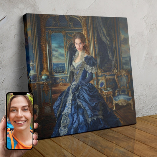 A custom digital portrait of a woman dressed in a blue silk gown, standing in an opulent palace setting.