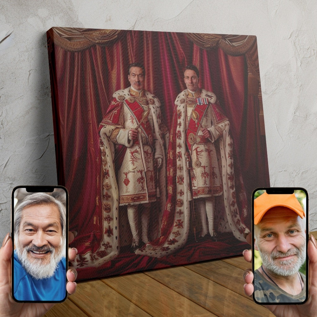 Two men in regal royal attire posing together in a custom royal portrait.