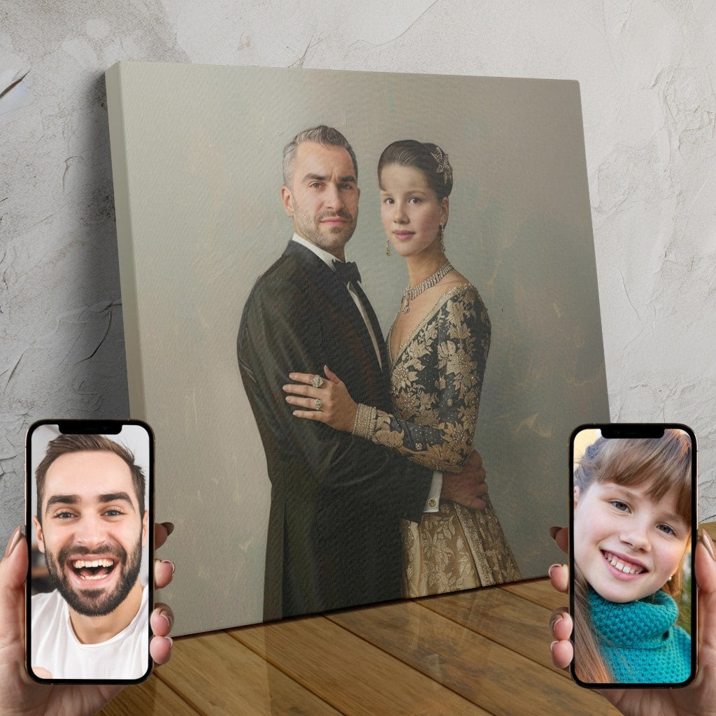 A custom digital painting of a couple in regal attire, posing as royal dukes or duchesses.