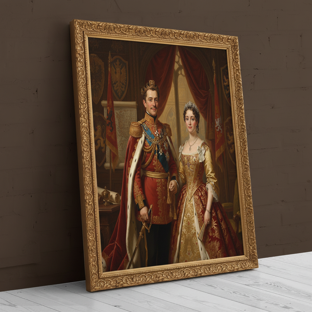 A custom portrait of a man in a gold-embroidered royal uniform, depicting him as Royal Divine Partnership of royal heritage.