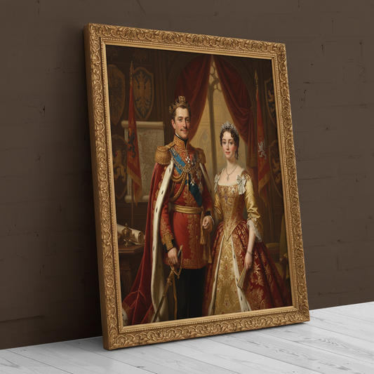 A custom portrait of a man in a gold-embroidered royal uniform, depicting him as Royal Divine Partnership of royal heritage.