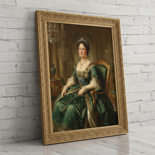 A digitally rendered portrait of a woman dressed in an elegant, regal gown and crown, created as Royal Mistress using AI technology.