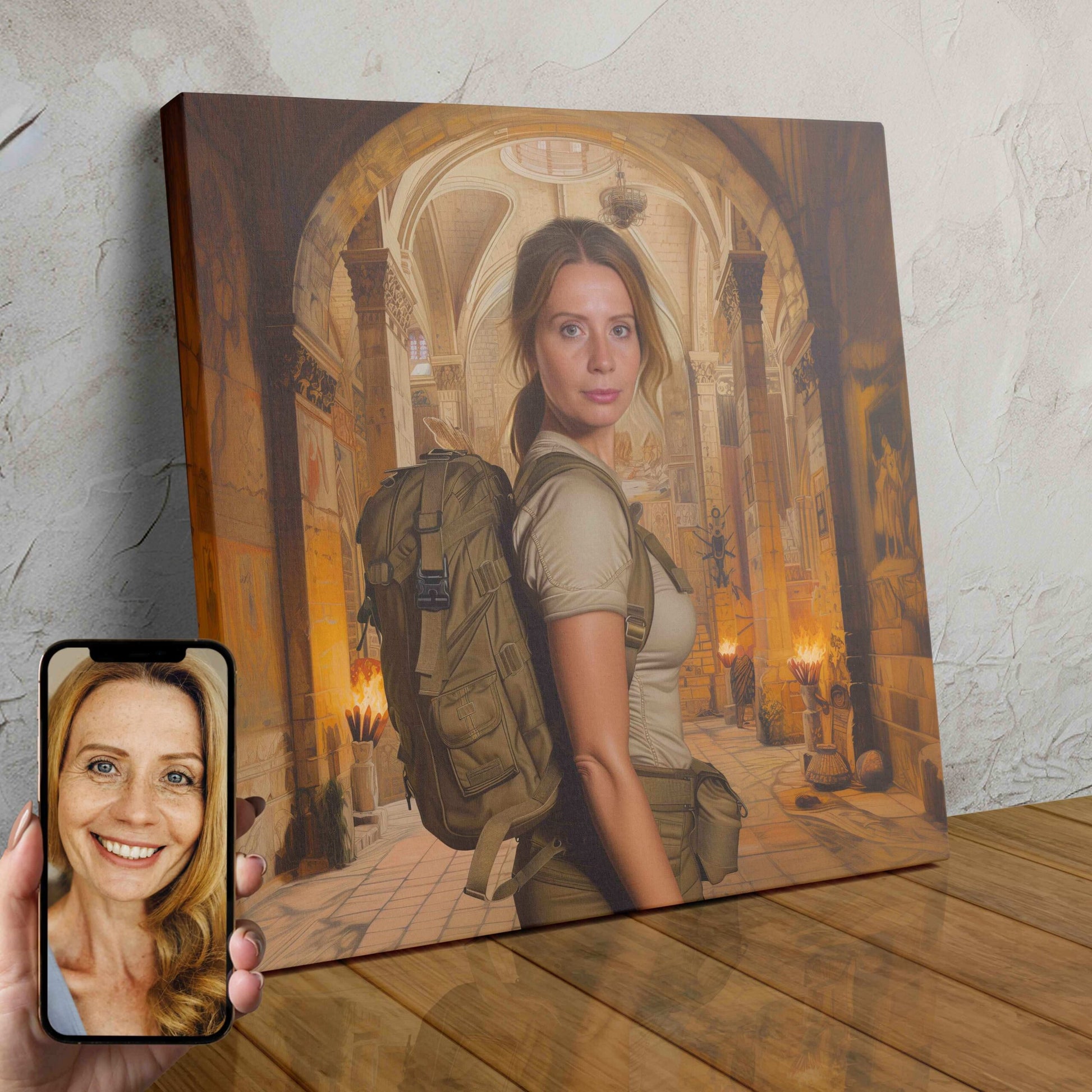 A personalized custom portrait depicting a person in an ancient temple setting, with torch-lit corridors and ornate architecture surrounding them.